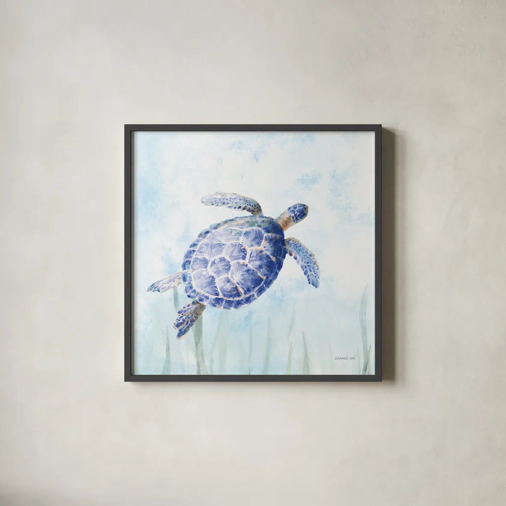 Undersea Turtle II by Danhui Nai. Shown in a sleek black glass frame for a contemporary gallery look. Available as an archival giclee rolled canvas, fine art paper, or poster print. SKU 83485a.