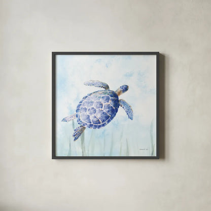 Undersea Turtle II by Danhui Nai. Shown in a sleek black glass frame for a contemporary gallery look. Available as an archival giclee rolled canvas, fine art paper, or poster print. SKU 83485a.