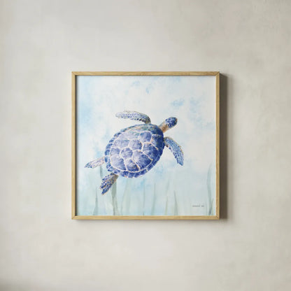 Undersea Turtle II by Danhui Nai. Shown in a natural wood glass frame for a timeless modern aesthetic. Available as an archival giclee rolled canvas, fine art paper, or poster print. SKU 83485a.
