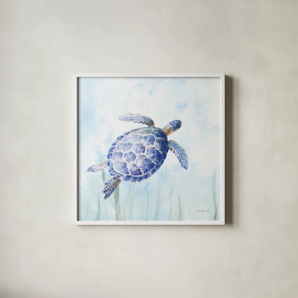Undersea Turtle II by Danhui Nai. Shown in a crisp white glass frame for a clean and minimalist style. Available as an archival giclee rolled canvas, fine art paper, or poster print. SKU 83485a.