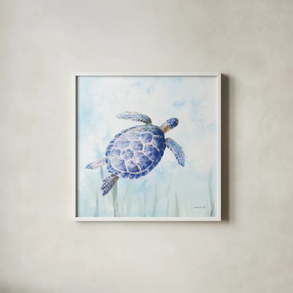 Undersea Turtle II by Danhui Nai. Shown in a crisp white glass frame for a clean and minimalist style. Available as an archival giclee rolled canvas, fine art paper, or poster print. SKU 83485a.