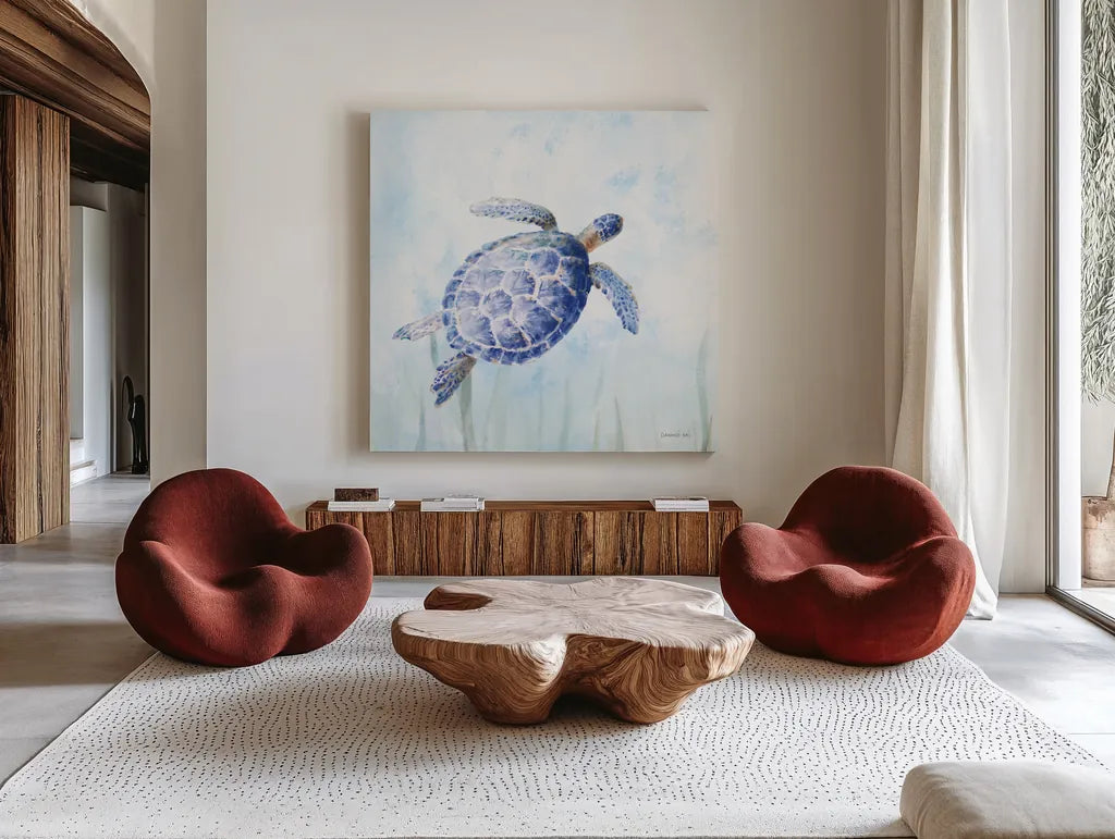 Undersea Turtle II by Danhui Nai. Shown as extra-large giant wall art in a modern living room. Available as an archival giclee rolled canvas, fine art paper, or poster print. SKU 83485a.