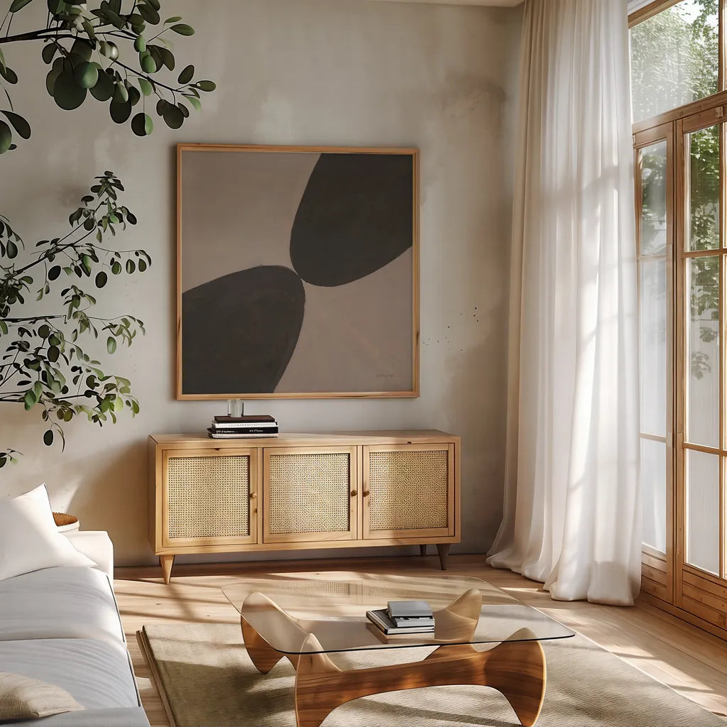 Unity by Danhui Nai. Shown in a natural wood frame in a cozy modern living room. Available as an archival giclee rolled canvas, fine art paper, or poster print. SKU 85210a.