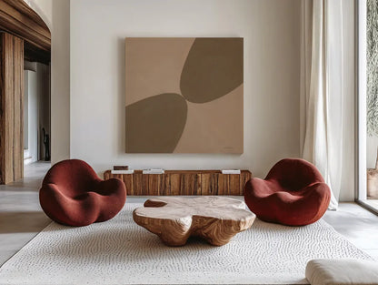 Unity Brown by Danhui Nai. Shown as extra-large giant wall art in a modern living room. Available as an archival giclee rolled canvas, fine art paper, or poster print. SKU 85454a.
