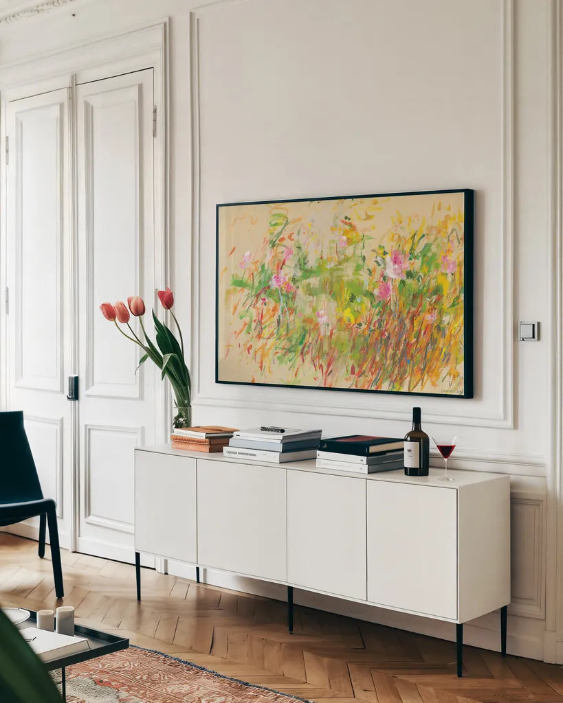 Vibrant Garden by Danhui Nai. shown as a framed stretched canvas in a living room above a console. Available as a archival giclee rolled canvas, fine art paper, or poster print. SKU 100023i.