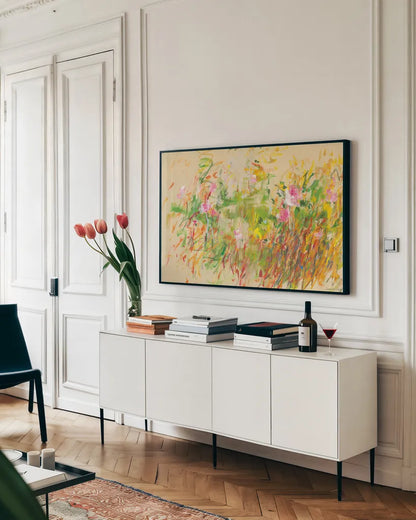 Vibrant Garden by Danhui Nai. shown as a framed stretched canvas in a living room above a console. Available as a archival giclee rolled canvas, fine art paper, or poster print. SKU 100023i.