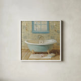 Victorian Bath I by Danhui Nai. Shown in a crisp white glass frame for a clean and minimalist style. Available as an archival giclee rolled canvas, fine art paper, or poster print. SKU 5592a.