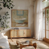 Victorian Bath I by Danhui Nai. Shown in a natural wood frame in a cozy modern living room. Available as an archival giclee rolled canvas, fine art paper, or poster print. SKU 5592a.