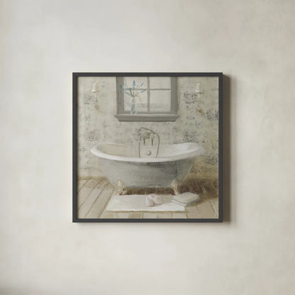 Victorian Bath I Neutral by Danhui Nai. Shown in a sleek black glass frame for a contemporary gallery look. Available as an archival giclee rolled canvas, fine art paper, or poster print. SKU 54865a.