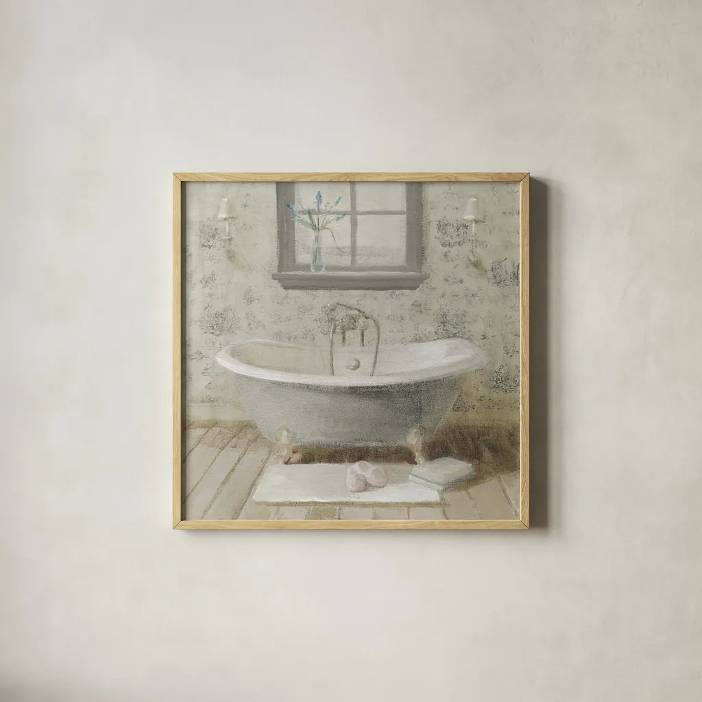 Victorian Bath I Neutral by Danhui Nai. Shown in a natural wood glass frame for a timeless modern aesthetic. Available as an archival giclee rolled canvas, fine art paper, or poster print. SKU 54865a.