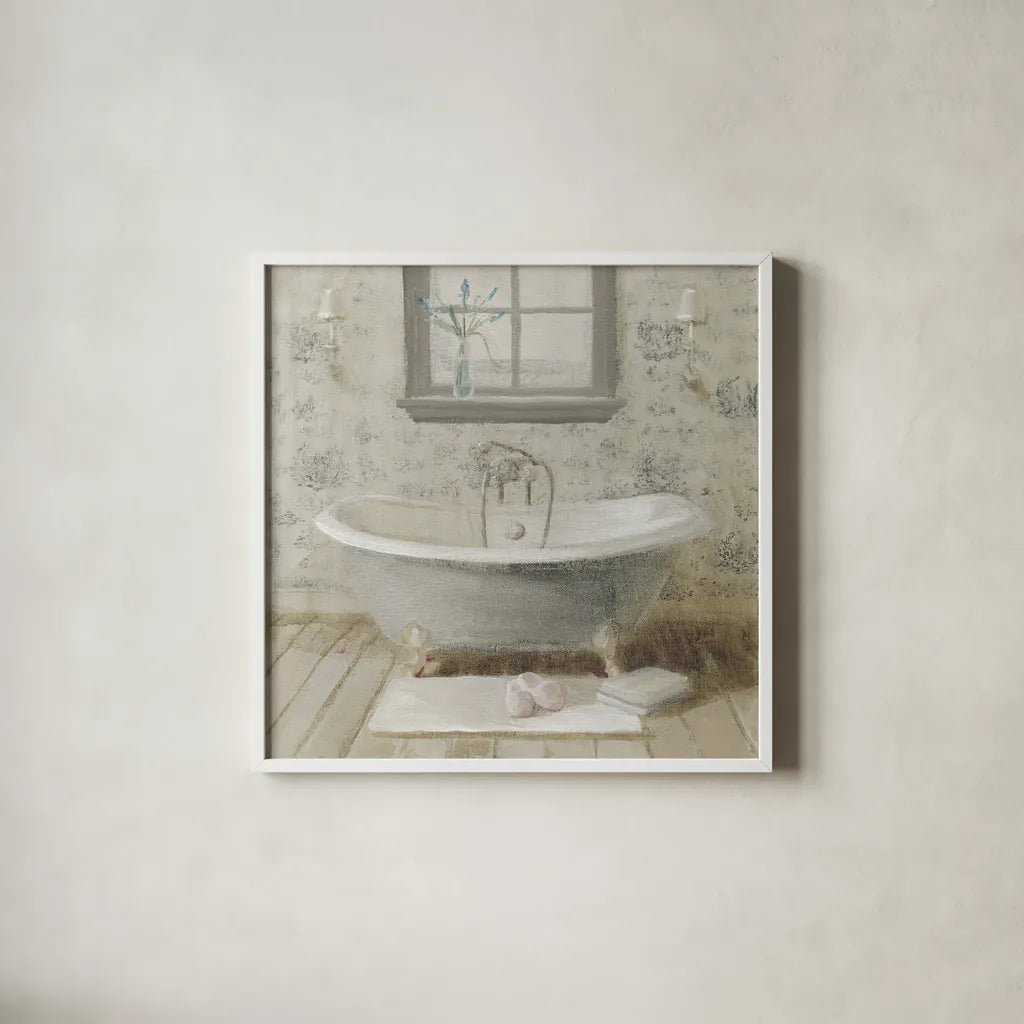 Victorian Bath I Neutral by Danhui Nai. Shown in a crisp white glass frame for a clean and minimalist style. Available as an archival giclee rolled canvas, fine art paper, or poster print. SKU 54865a.