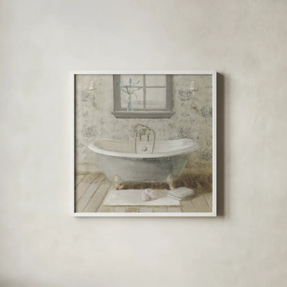 Victorian Bath I Neutral by Danhui Nai. Shown in a crisp white glass frame for a clean and minimalist style. Available as an archival giclee rolled canvas, fine art paper, or poster print. SKU 54865a.
