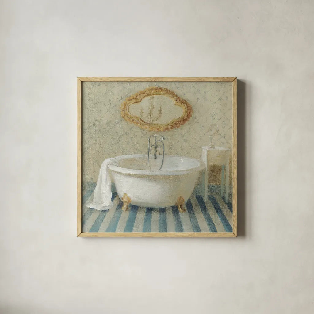 Victorian Bath II by Danhui Nai. Shown in a natural wood glass frame for a timeless modern aesthetic. Available as an archival giclee rolled canvas, fine art paper, or poster print. SKU 5593a.
