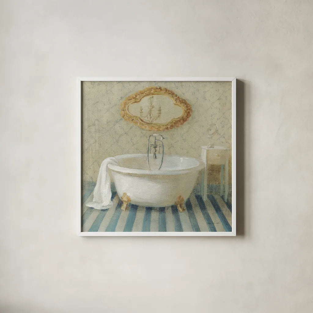 Victorian Bath II by Danhui Nai. Shown in a crisp white glass frame for a clean and minimalist style. Available as an archival giclee rolled canvas, fine art paper, or poster print. SKU 5593a.