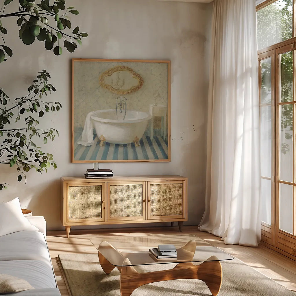 Victorian Bath II by Danhui Nai. Shown in a natural wood frame in a cozy modern living room. Available as an archival giclee rolled canvas, fine art paper, or poster print. SKU 5593a.