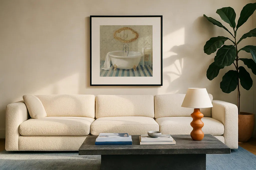 Victorian Bath II by Danhui Nai. Displayed in a glass frame with matte in a clean modern living room. Available as an archival giclee rolled canvas, fine art paper, or poster print. SKU 5593a.