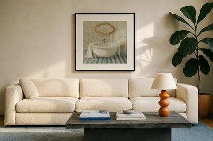 Victorian Bath II by Danhui Nai. Displayed in a glass frame with matte in a clean modern living room. Available as an archival giclee rolled canvas, fine art paper, or poster print. SKU 5593a.