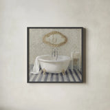 Victorian Bath II Navy by Danhui Nai. Shown in a sleek black glass frame for a contemporary gallery look. Available as an archival giclee rolled canvas, fine art paper, or poster print. SKU 54870a.
