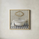 Victorian Bath II Navy by Danhui Nai. Shown in a natural wood glass frame for a timeless modern aesthetic. Available as an archival giclee rolled canvas, fine art paper, or poster print. SKU 54870a.