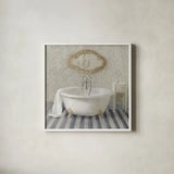 Victorian Bath II Navy by Danhui Nai. Shown in a crisp white glass frame for a clean and minimalist style. Available as an archival giclee rolled canvas, fine art paper, or poster print. SKU 54870a.