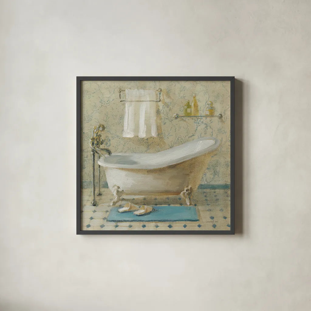 Victorian Bath III by Danhui Nai. Shown in a sleek black glass frame for a contemporary gallery look. Available as an archival giclee rolled canvas, fine art paper, or poster print. SKU 5594a.