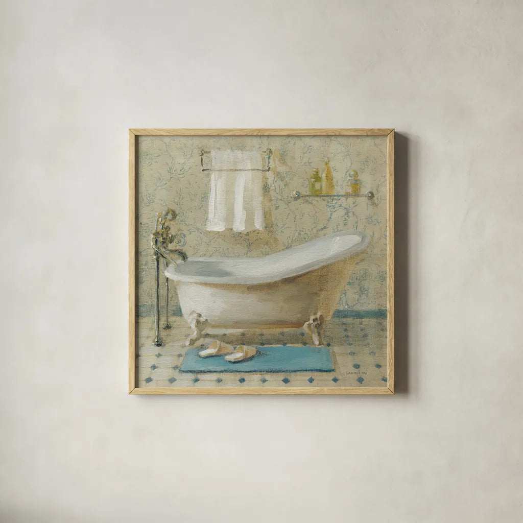 Victorian Bath III by Danhui Nai. Shown in a natural wood glass frame for a timeless modern aesthetic. Available as an archival giclee rolled canvas, fine art paper, or poster print. SKU 5594a.