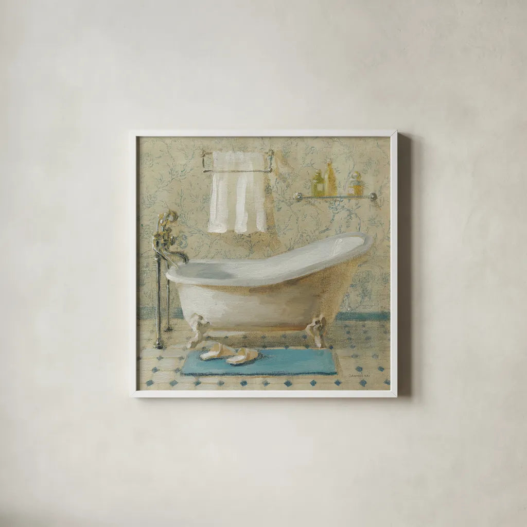 Victorian Bath III by Danhui Nai. Shown in a crisp white glass frame for a clean and minimalist style. Available as an archival giclee rolled canvas, fine art paper, or poster print. SKU 5594a.