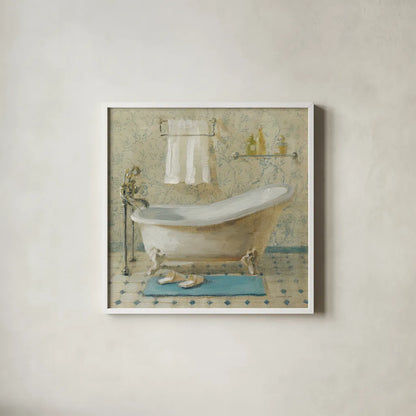 Victorian Bath III by Danhui Nai. Shown in a crisp white glass frame for a clean and minimalist style. Available as an archival giclee rolled canvas, fine art paper, or poster print. SKU 5594a.