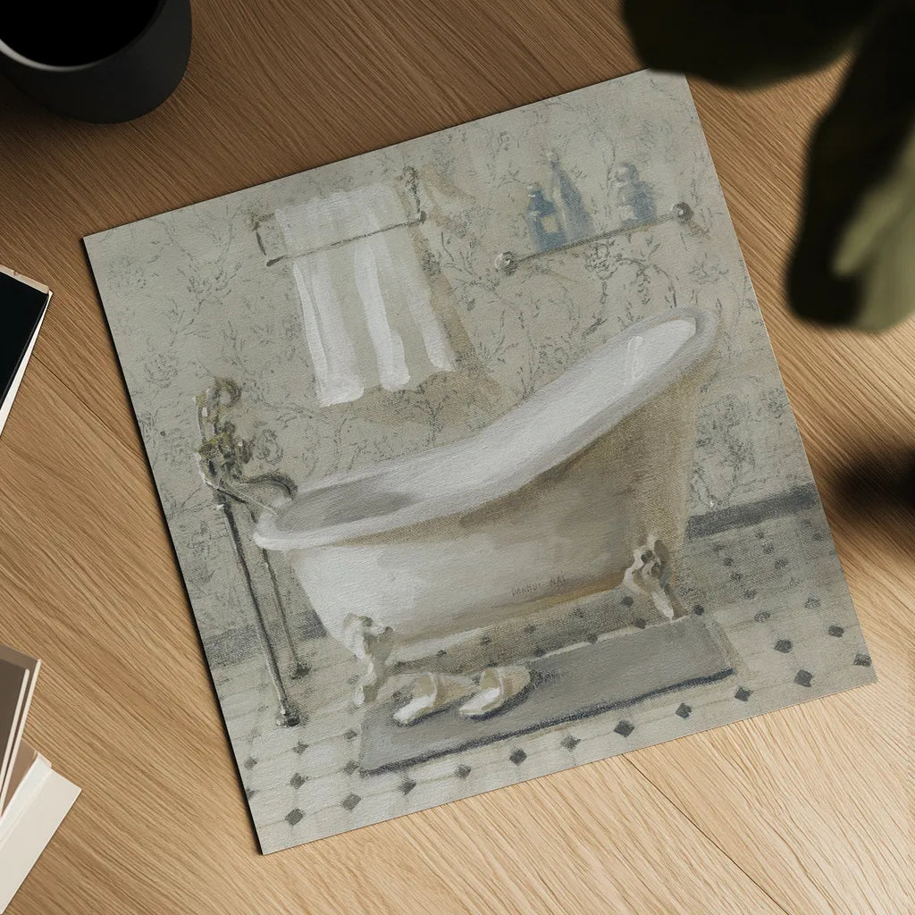 Victorian Bath III Neutral by Danhui Nai. Shown as a detailed flat fine art print, highlighting archival giclee quality. Available as an archival giclee rolled canvas, fine art paper, or poster print. SKU 54871a.