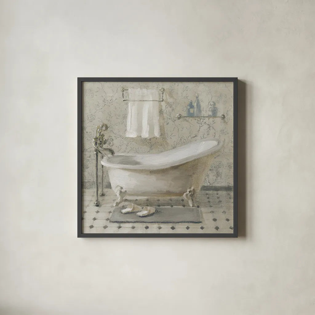 Victorian Bath III Neutral by Danhui Nai. Shown in a sleek black glass frame for a contemporary gallery look. Available as an archival giclee rolled canvas, fine art paper, or poster print. SKU 54871a.