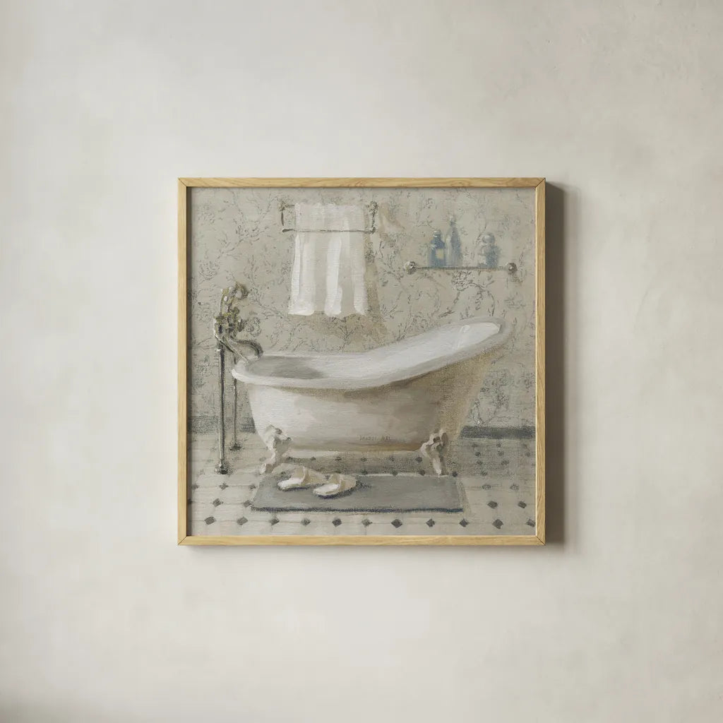 Victorian Bath III Neutral by Danhui Nai. Shown in a natural wood glass frame for a timeless modern aesthetic. Available as an archival giclee rolled canvas, fine art paper, or poster print. SKU 54871a.