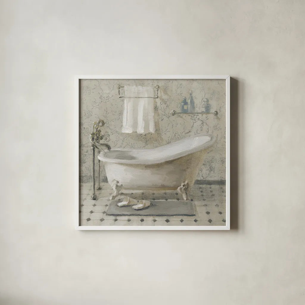 Victorian Bath III Neutral by Danhui Nai. Shown in a crisp white glass frame for a clean and minimalist style. Available as an archival giclee rolled canvas, fine art paper, or poster print. SKU 54871a.