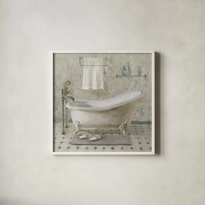 Victorian Bath III Neutral by Danhui Nai. Shown in a crisp white glass frame for a clean and minimalist style. Available as an archival giclee rolled canvas, fine art paper, or poster print. SKU 54871a.