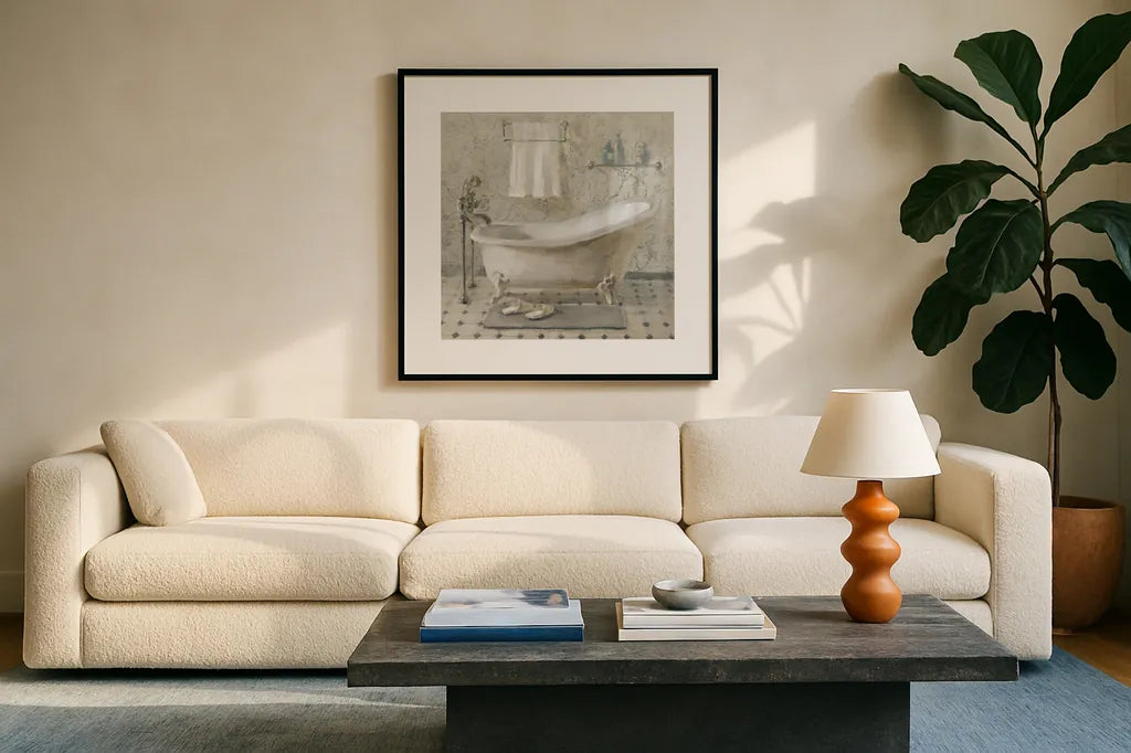 Victorian Bath III Neutral by Danhui Nai. Displayed in a glass frame with matte in a clean modern living room. Available as an archival giclee rolled canvas, fine art paper, or poster print. SKU 54871a.
