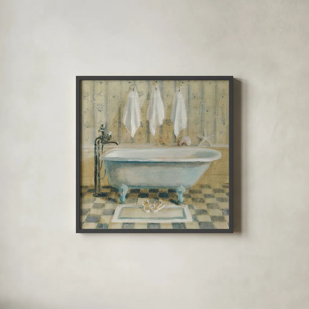 Victorian Bath IV by Danhui Nai. Shown in a sleek black glass frame for a contemporary gallery look. Available as an archival giclee rolled canvas, fine art paper, or poster print. SKU 5595a.