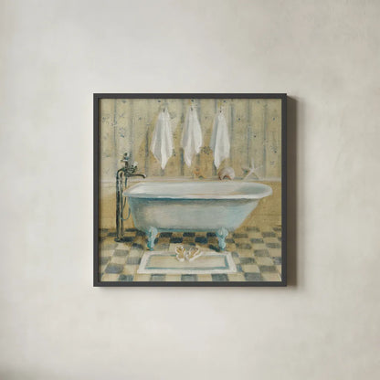 Victorian Bath IV by Danhui Nai. Shown in a sleek black glass frame for a contemporary gallery look. Available as an archival giclee rolled canvas, fine art paper, or poster print. SKU 5595a.