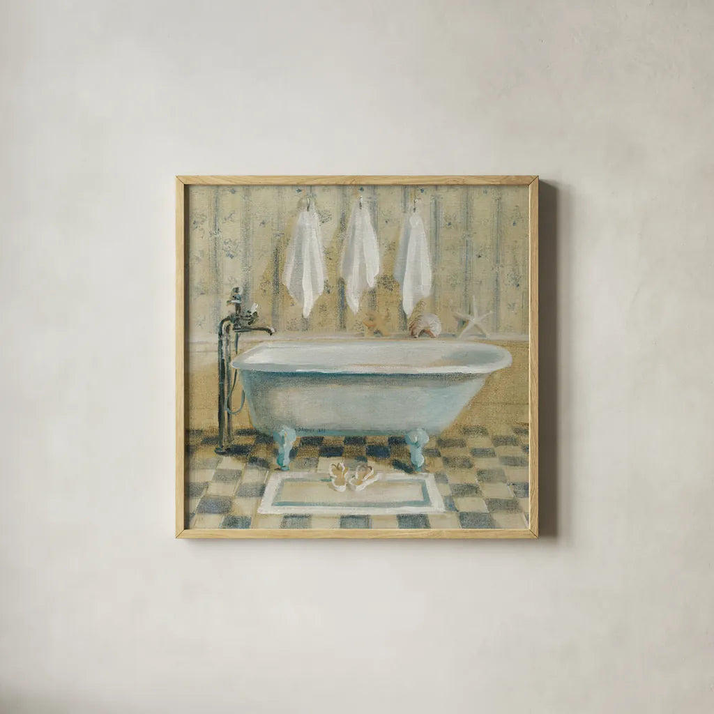 Victorian Bath IV by Danhui Nai. Shown in a natural wood glass frame for a timeless modern aesthetic. Available as an archival giclee rolled canvas, fine art paper, or poster print. SKU 5595a.