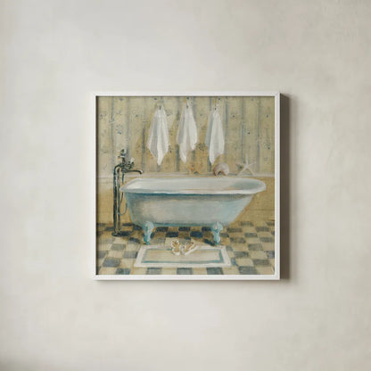 Victorian Bath IV by Danhui Nai. Shown in a crisp white glass frame for a clean and minimalist style. Available as an archival giclee rolled canvas, fine art paper, or poster print. SKU 5595a.