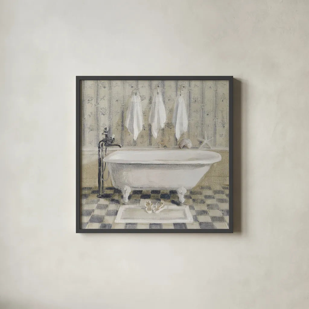 Victorian Bath IV White Tub by Danhui Nai. Shown in a sleek black glass frame for a contemporary gallery look. Available as an archival giclee rolled canvas, fine art paper, or poster print. SKU 54872a.