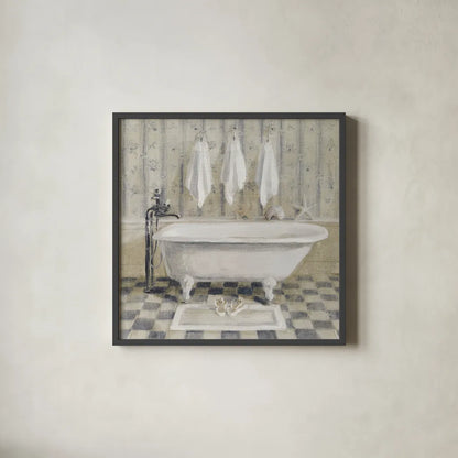 Victorian Bath IV White Tub by Danhui Nai. Shown in a sleek black glass frame for a contemporary gallery look. Available as an archival giclee rolled canvas, fine art paper, or poster print. SKU 54872a.