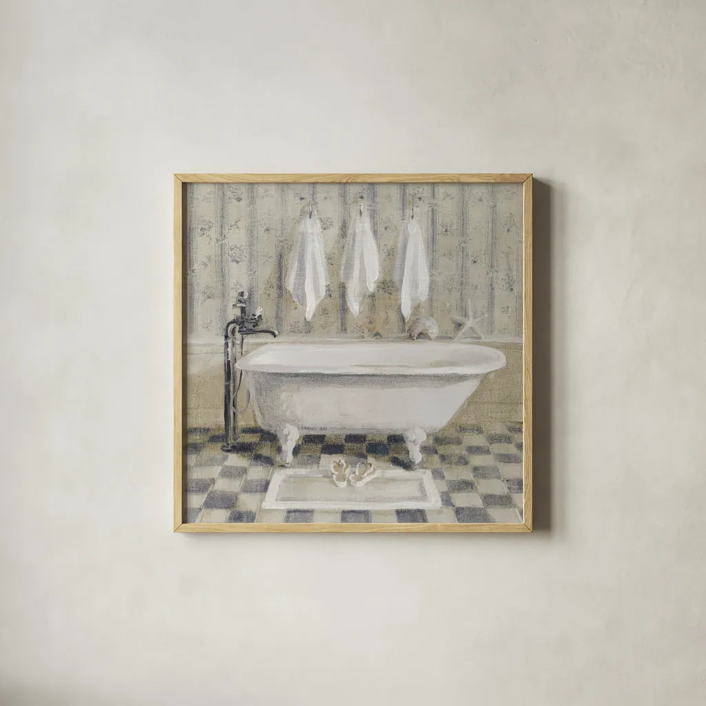 Victorian Bath IV White Tub by Danhui Nai. Shown in a natural wood glass frame for a timeless modern aesthetic. Available as an archival giclee rolled canvas, fine art paper, or poster print. SKU 54872a.
