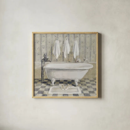 Victorian Bath IV White Tub by Danhui Nai. Shown in a natural wood glass frame for a timeless modern aesthetic. Available as an archival giclee rolled canvas, fine art paper, or poster print. SKU 54872a.