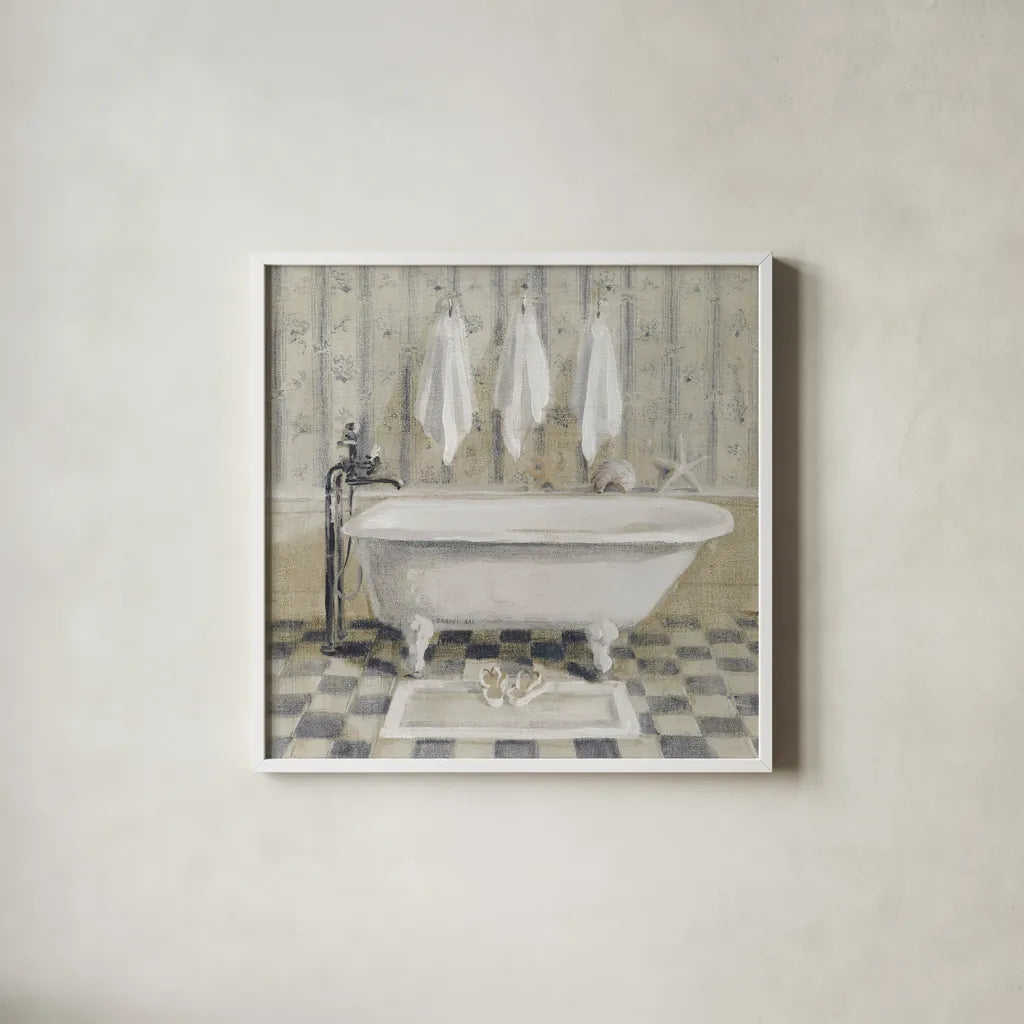 Victorian Bath IV White Tub by Danhui Nai. Shown in a crisp white glass frame for a clean and minimalist style. Available as an archival giclee rolled canvas, fine art paper, or poster print. SKU 54872a.