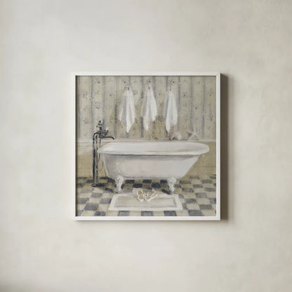 Victorian Bath IV White Tub by Danhui Nai. Shown in a crisp white glass frame for a clean and minimalist style. Available as an archival giclee rolled canvas, fine art paper, or poster print. SKU 54872a.