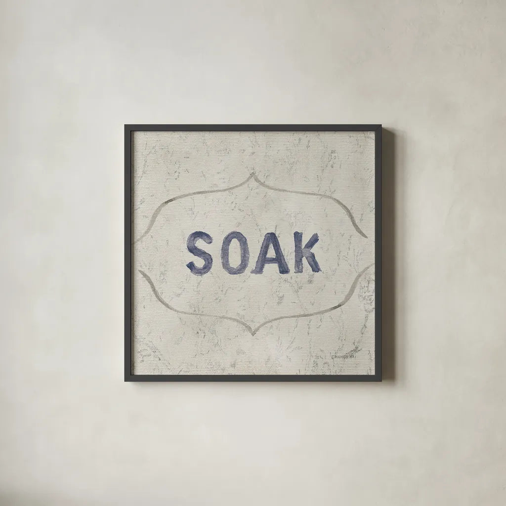Victorian Bath Words III Sq by Danhui Nai. Shown in a sleek black glass frame for a contemporary gallery look. Available as an archival giclee rolled canvas, fine art paper, or poster print. SKU 82643a.