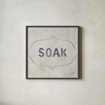 Victorian Bath Words III Sq by Danhui Nai. Shown in a sleek black glass frame for a contemporary gallery look. Available as an archival giclee rolled canvas, fine art paper, or poster print. SKU 82643a.
