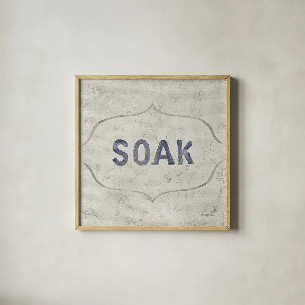 Victorian Bath Words III Sq by Danhui Nai. Shown in a natural wood glass frame for a timeless modern aesthetic. Available as an archival giclee rolled canvas, fine art paper, or poster print. SKU 82643a.