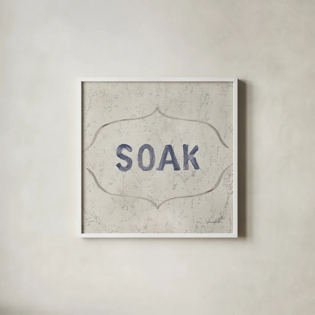 Victorian Bath Words III Sq by Danhui Nai. Shown in a crisp white glass frame for a clean and minimalist style. Available as an archival giclee rolled canvas, fine art paper, or poster print. SKU 82643a.