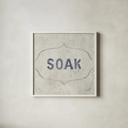 Victorian Bath Words III Sq by Danhui Nai. Shown in a crisp white glass frame for a clean and minimalist style. Available as an archival giclee rolled canvas, fine art paper, or poster print. SKU 82643a.