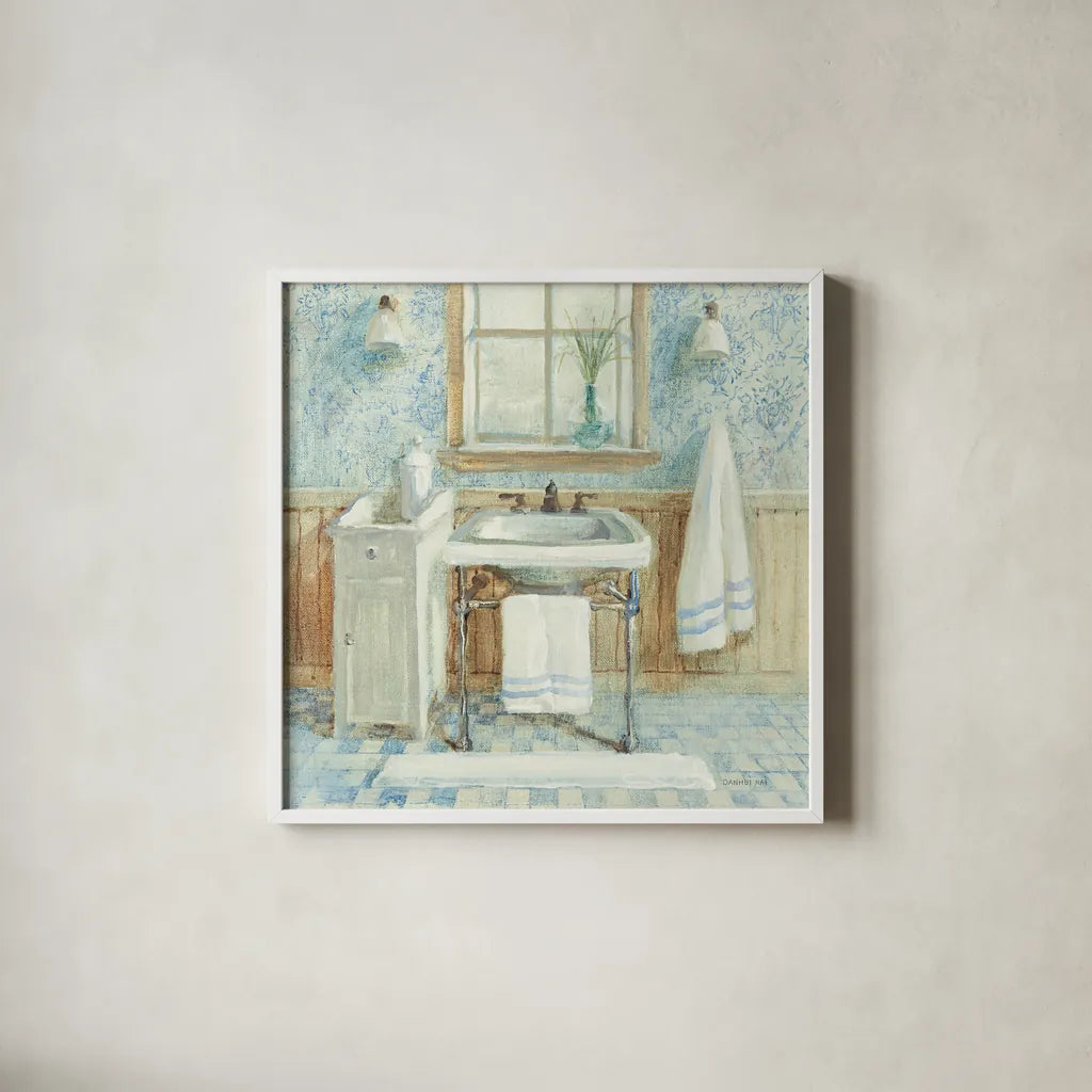 Victorian Sink I by Danhui Nai. Shown in a crisp white glass frame for a clean and minimalist style. Available as an archival giclee rolled canvas, fine art paper, or poster print. SKU 5439a.